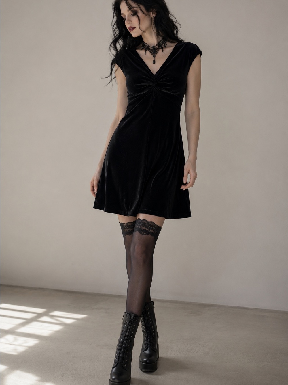 Vintage Y2K Velvet Black Twist Front Mini Dress Size Large  Whimsigoth Dark Chic